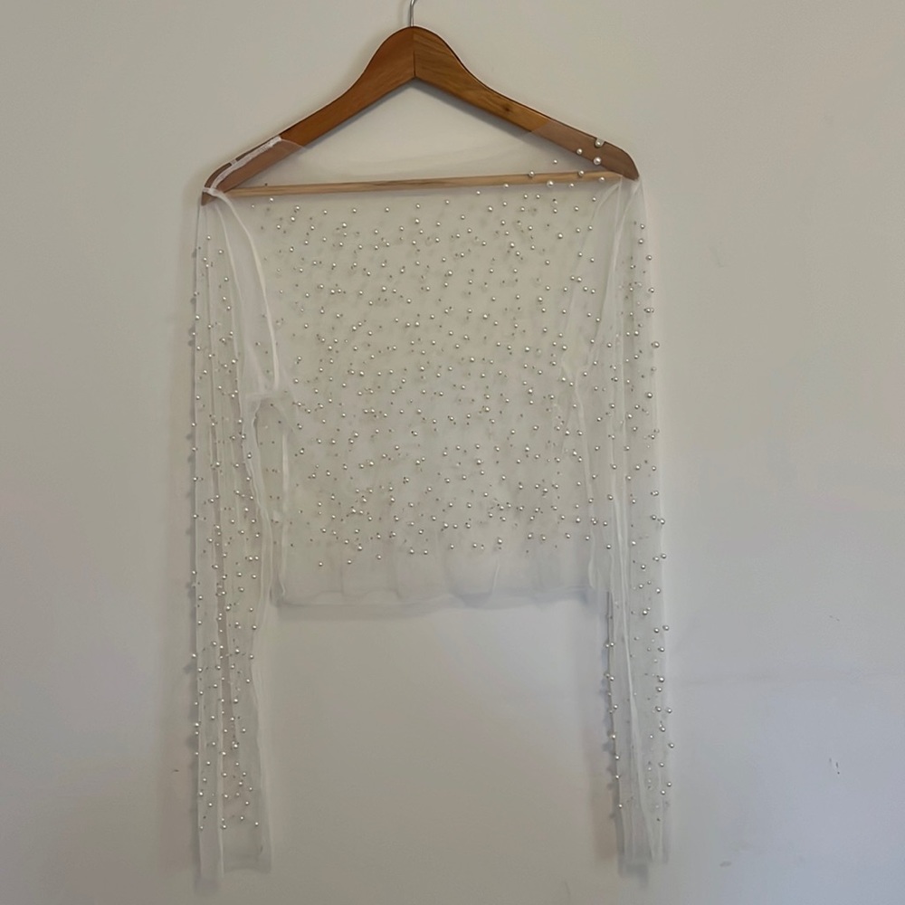 Sheer Pearl Overlay Long Sleeve Top